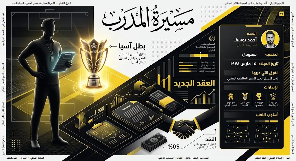 إنفوجرافيك رياضي احترافي يستعرض مسيرة المدرب الألماني ينز فيسينج، وتفاصيل تعاقده مع نادي الاتحاد، إلى جانب تتويجه بلقب دوري أبطال آسيا 2.