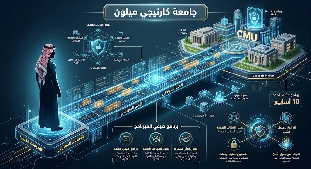 تصميم فني يجسد التعاون الأكاديمي الدولي بين الهيئة الوطنية للأمن السيبراني وجامعة كارنيجي ميلون الأمريكية.