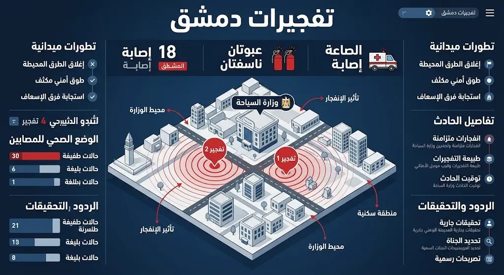 إنفوجرافيك إخباري يوضح حصيلة وتفاصيل التفجيرين قرب وزارة السياحة بدمشق