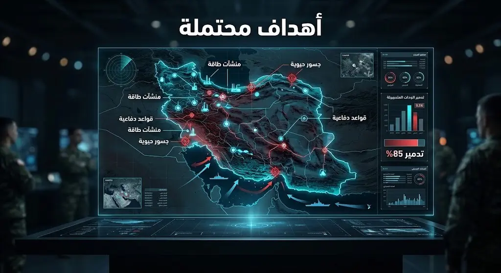 خريطة تفاعلية وإنفوجرافيك يوضح بنك الأهداف المحتملة للضربات العسكرية الأمريكية داخل إيران وحجم الدمار المتوقع.