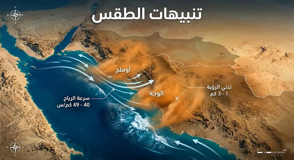 إنفوجرافيك يوضح التنبيهات الجوية في منطقة تبوك، مستعرضاً سرعة الرياح التي تصل إلى 49 كم/ساعة ومستويات انخفاض الرؤية الأفقية في أملج والوجه.