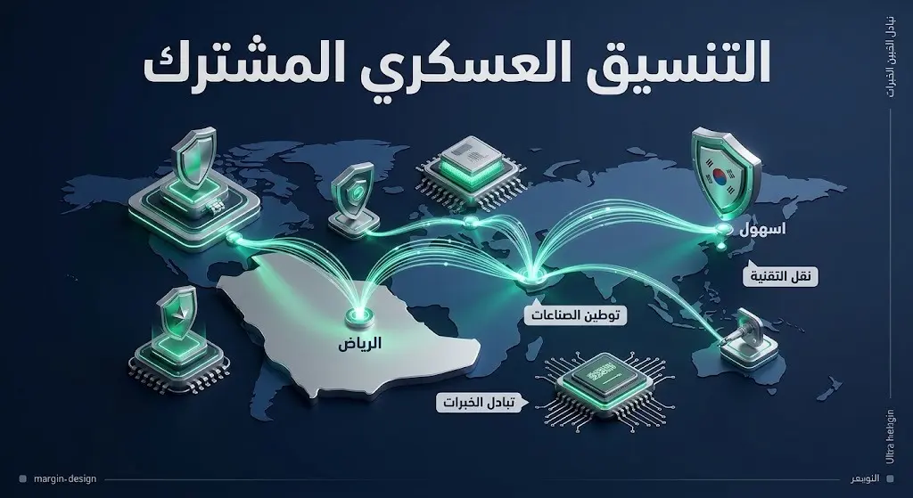 إنفوجرافيك عصري يوضح مجالات التنسيق العسكري المشترك بين السعودية وكوريا الجنوبية، مبرزاً نقل التقنية وتوطين الصناعات الدفاعية.