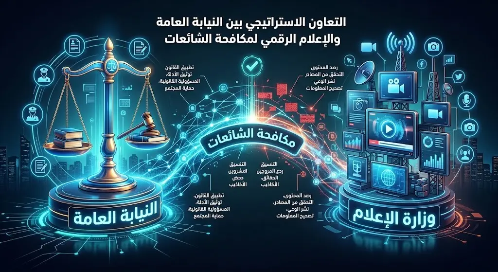 إنفوجرافيك تعبيري يجسد التعاون بين النيابة العامة ووزارة الإعلام لمكافحة الشائعات ونشر التوعية القانونية في الفضاء الرقمي.