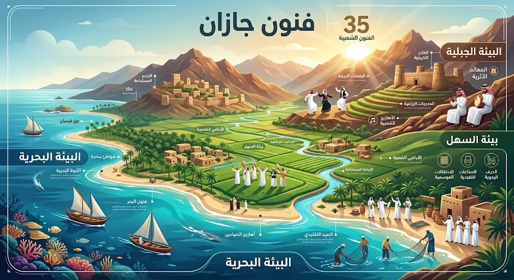 إنفوجرافيك يوضح التوزيع الجغرافي للفنون الفلكلورية في منطقة جازان عبر البيئة البحرية والسهلية والجبلية.
