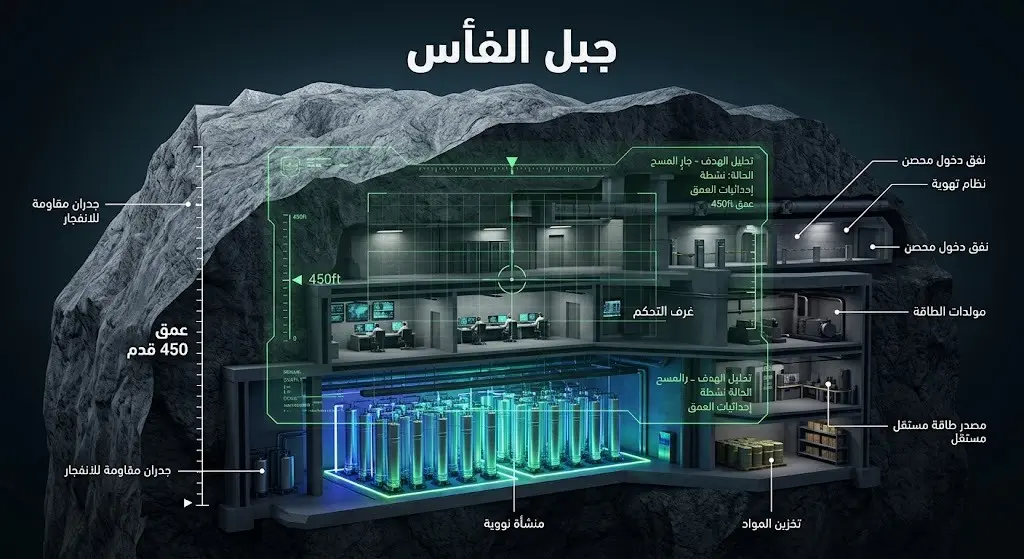 إنفوجرافيك ثلاثي الأبعاد يوضح عمق وتحصين منشأة جبل الفأس النووية الإيرانية تحت الجرانيت واستهدافها عسكرياً