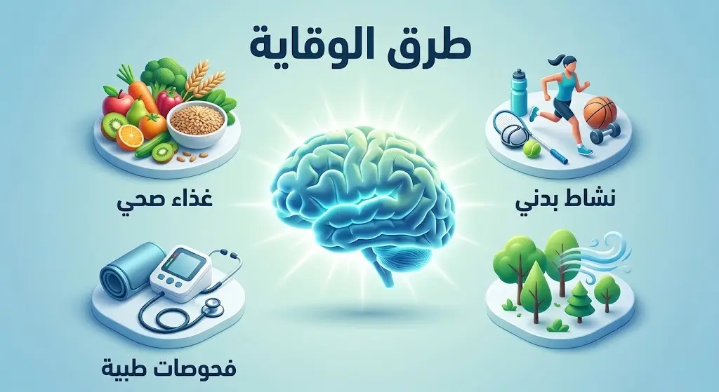 إنفوجرافيك إبداعي يستعرض التوجيهات الطبية لمنظمة الصحة العالمية للوقاية من الخرف، يتوسطه دماغ سليم تحيط به رموز للعادات الصحية مثل الغذاء السليم والنشاط البدني مع نصوص عربية واضحة.