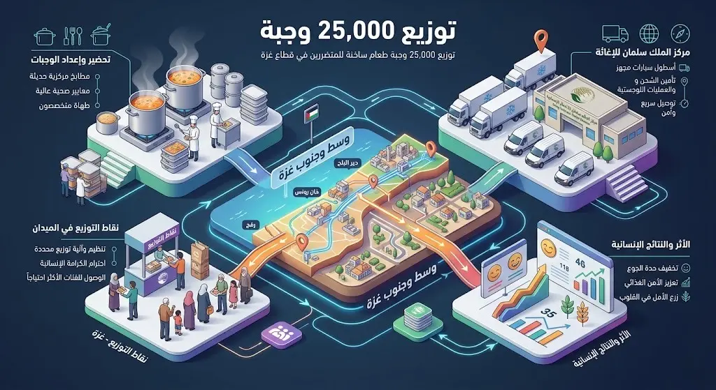 إنفوجرافيك يوضح تفاصيل توزيع 25 ألف وجبة غذائية ساخنة في وسط وجنوب قطاع غزة عبر مركز الملك سلمان للإغاثة