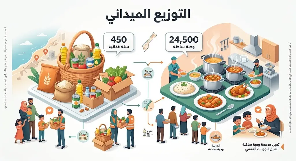 إنفوجرافيك احترافي يوضح أرقام وإحصائيات توزيع الوجبات الساخنة والسلال الغذائية على العائلات المتضررة في قطاع غزة