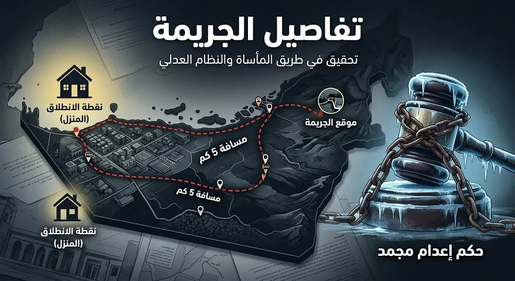 إنفوجرافيك تعبيري يوضح مسار استدراج الضحية لمسافة 5 كيلومترات وتفاصيل الجريمة مع إشارة لتعطيل العدالة.