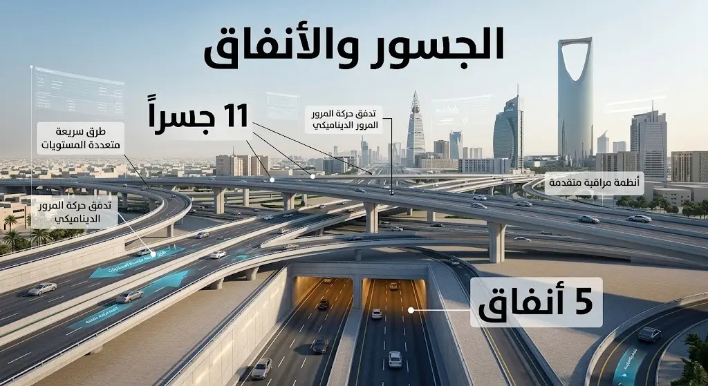إنفوجرافيك ثلاثي الأبعاد يوضح تفاصيل الجسور والأنفاق في مشروع تطوير محور طريق الثمامة الأوسط في الرياض