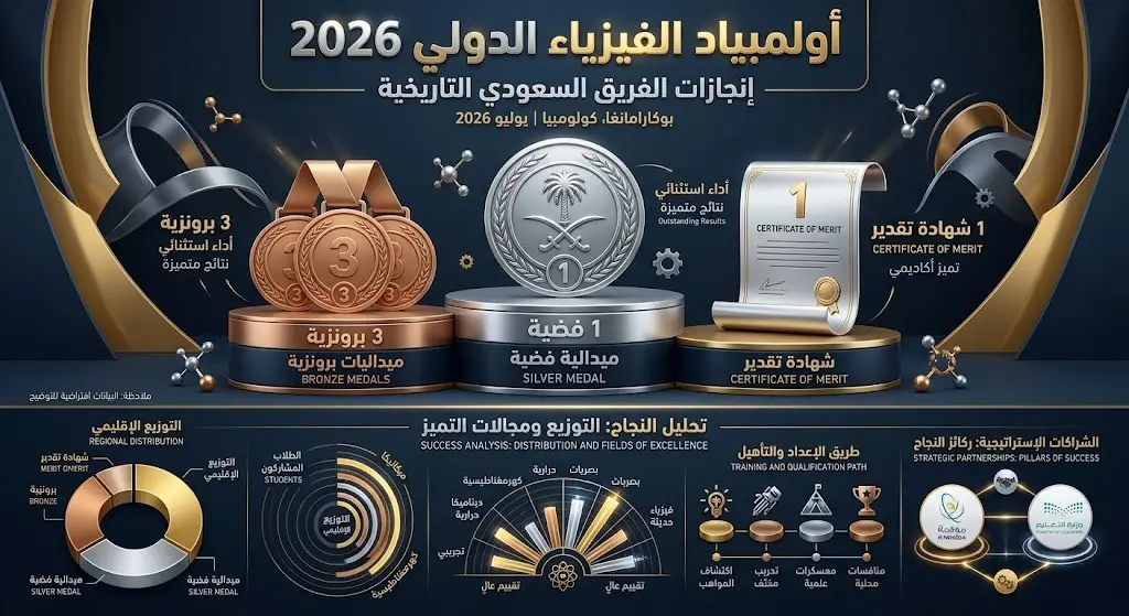 إنفوجرافيك يوضح تفاصيل إنجاز المنتخب السعودي للفيزياء في أولمبياد كولومبيا 2026، متضمناً ميدالية فضية و3 برونزيات وشهادة تقدير.
