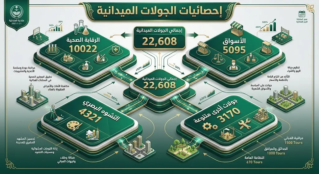 إنفوجرافيك بياني يوضح تفاصيل وتوزيع الجولات الرقابية لأمانة منطقة نجران والتي بلغت 22,608 جولات في مختلف المجالات.