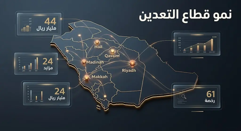 إنفوجرافيك ثلاثي الأبعاد يعرض خريطة المملكة العربية السعودية ومؤشرات نمو قطاع التعدين في الجولة العاشرة، متضمناً أرقام الرخص والاستثمارات.