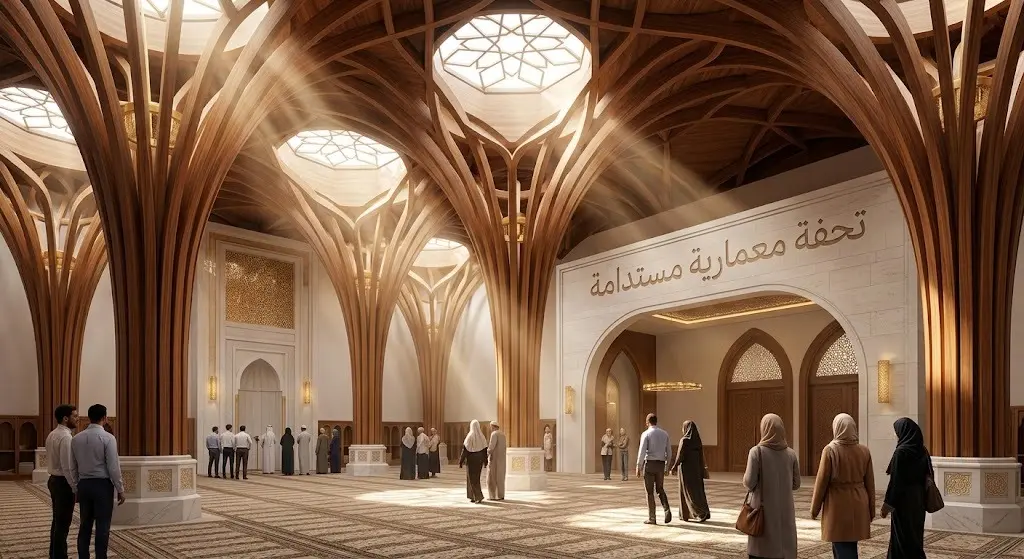لقطة داخلية تبرز التصميم المعماري الفريد والأعمدة الخشبية المستدامة داخل قاعة الصلاة في مسجد كامبريدج.