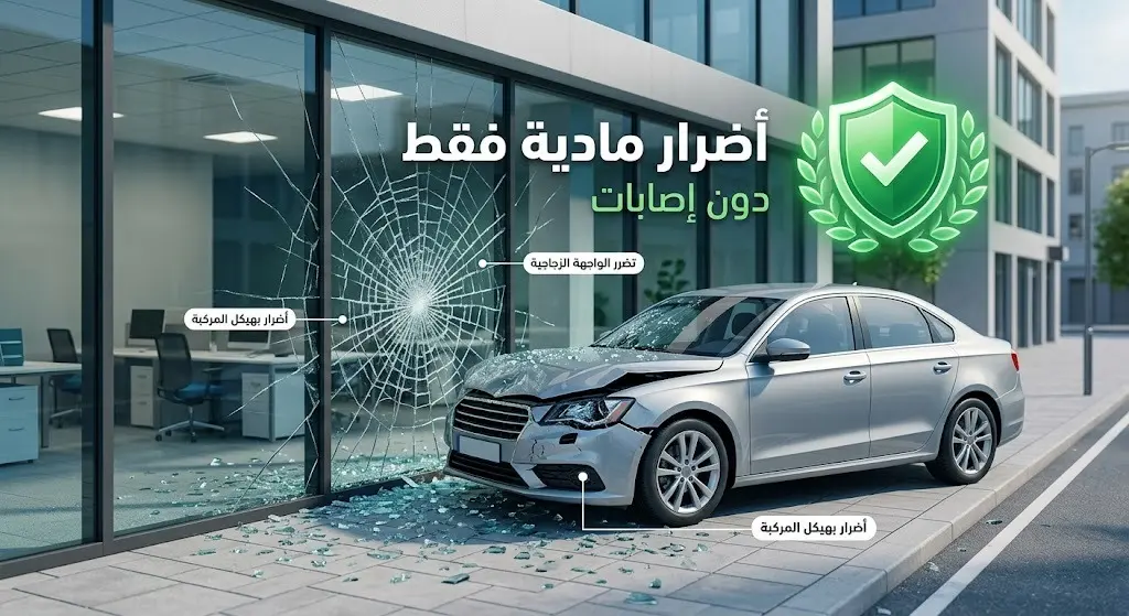 تصميم ثلاثي الأبعاد يوضح اصطدام مركبة بواجهة زجاجية لمبنى تجاري مع إبراز الأضرار المادية فقط دون إصابات بشرية.