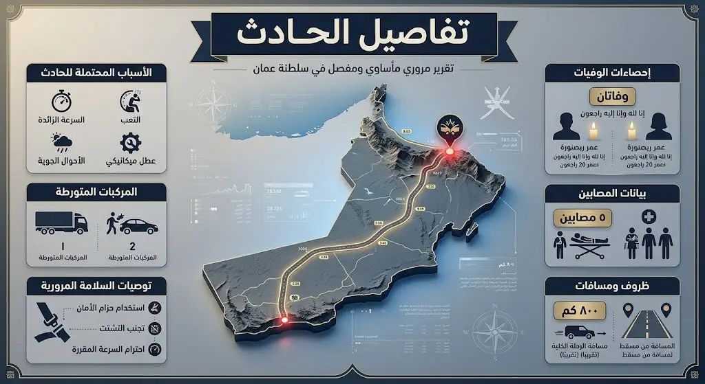 إنفوجرافيك إخباري يوضح موقع الحادث المروري الأليم للأسرة السعودية وإحصاءات الضحايا والمصابين.