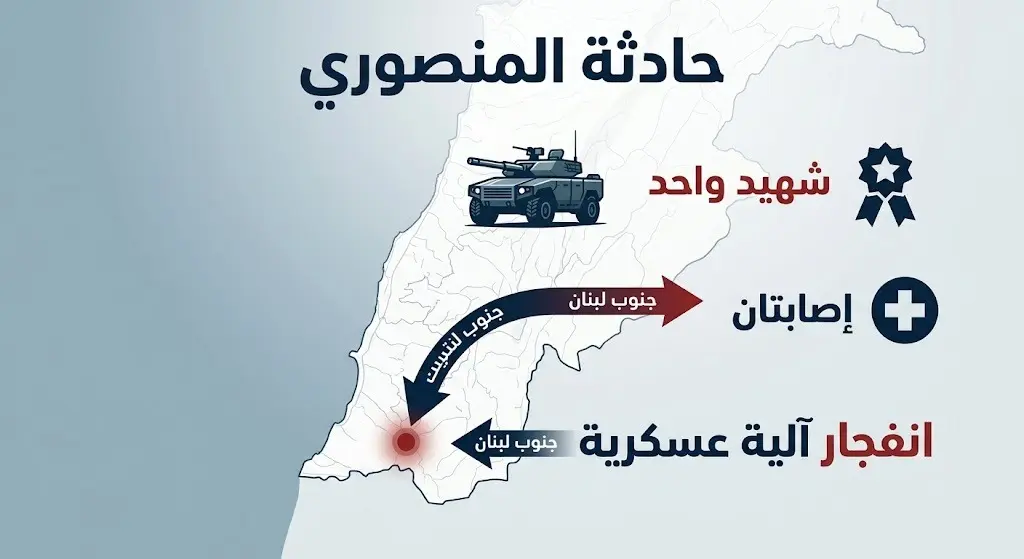 إنفوجرافيك إخباري يوضح تفاصيل الحادثة الأمنية التي استهدفت آلية للجيش اللبناني في بلدة المنصوري وأسفرت عن سقوط شهيد وجريحين.
