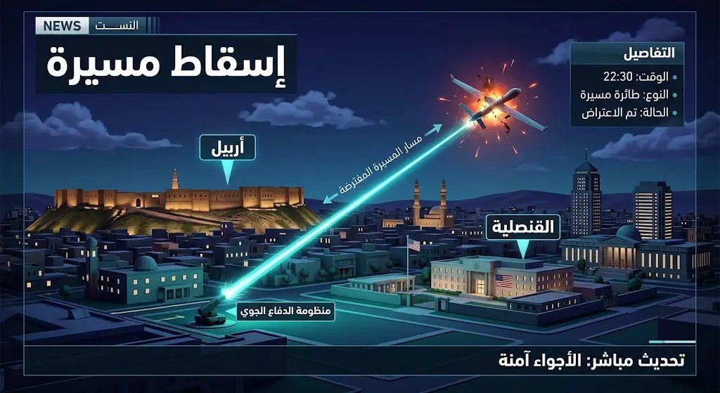 رسم توضيحي يظهر اعتراض أنظمة الدفاع الجوي لطائرة مسيرة في سماء مدينة أربيل ليلاً بالقرب من القنصلية الأمريكية مع نصوص عربية توضيحية.