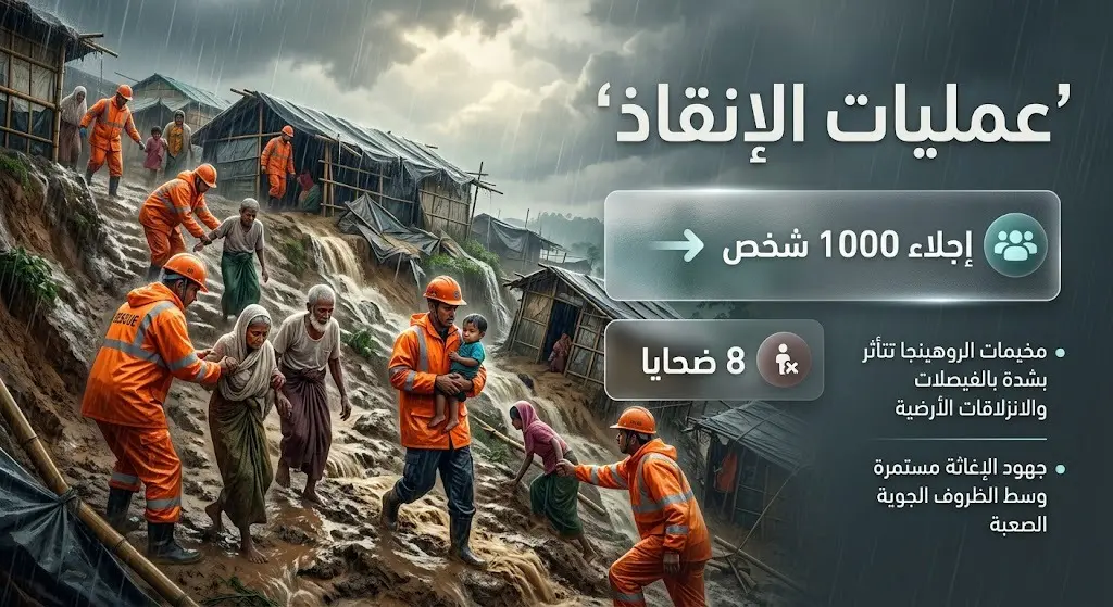 تصميم يدمج المشهد التعبيري لعمليات الإنقاذ وسط الأمطار الغزيرة وإحصائيات إجلاء اللاجئين والضحايا.