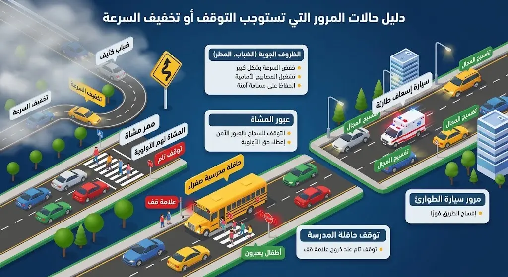 إنفوجرافيك إبداعي يوضح الحالات المرورية التي تستوجب التوقف التام مثل حافلات المدارس ومركبات الطوارئ، وتلك التي تتطلب خفض السرعة كالضباب وعبور المشاة.