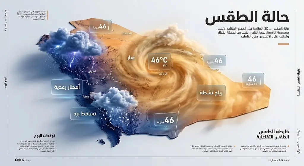 إنفوجرافيك يوضح خريطة المملكة العربية السعودية مع تفاصيل الحالة الجوية، يبرز مناطق الغبار والأمطار الرعدية ودرجات الحرارة المرتفعة.