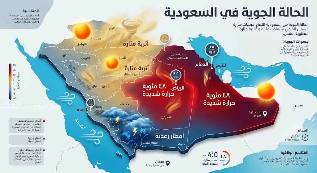 إنفوجرافيك احترافي لخريطة المملكة العربية السعودية يوضح توزيع موجة الحر الشديدة والأمطار الرعدية ومناطق نشاط الأتربة المثارة.