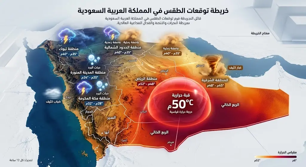 خريطة إنفوجرافيك للمملكة العربية السعودية توضح تفاصيل الحالة الجوية وتوزيع الأمطار والغبار ودرجات الحرارة على مختلف المناطق.