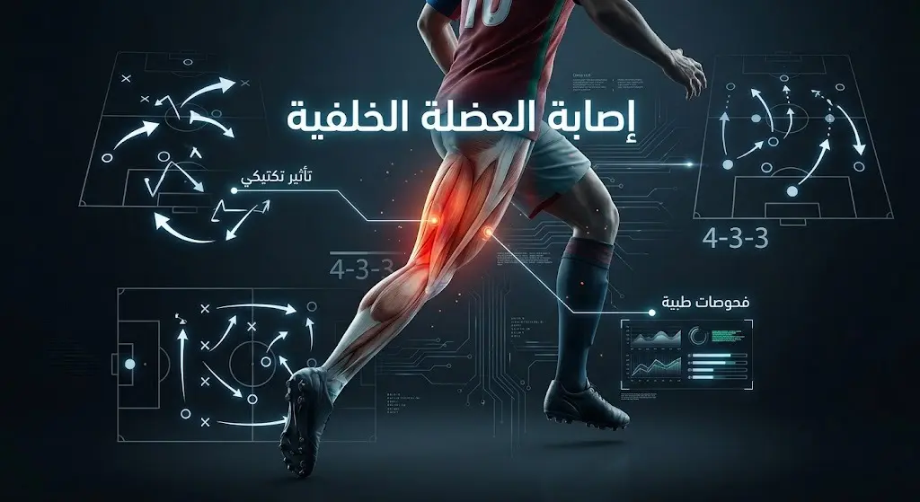 إنفوجرافيك طبي ورياضي يوضح إصابة العضلة الخلفية للاعب كرة قدم وتأثيرها على الخطط التكتيكية للمنتخب.