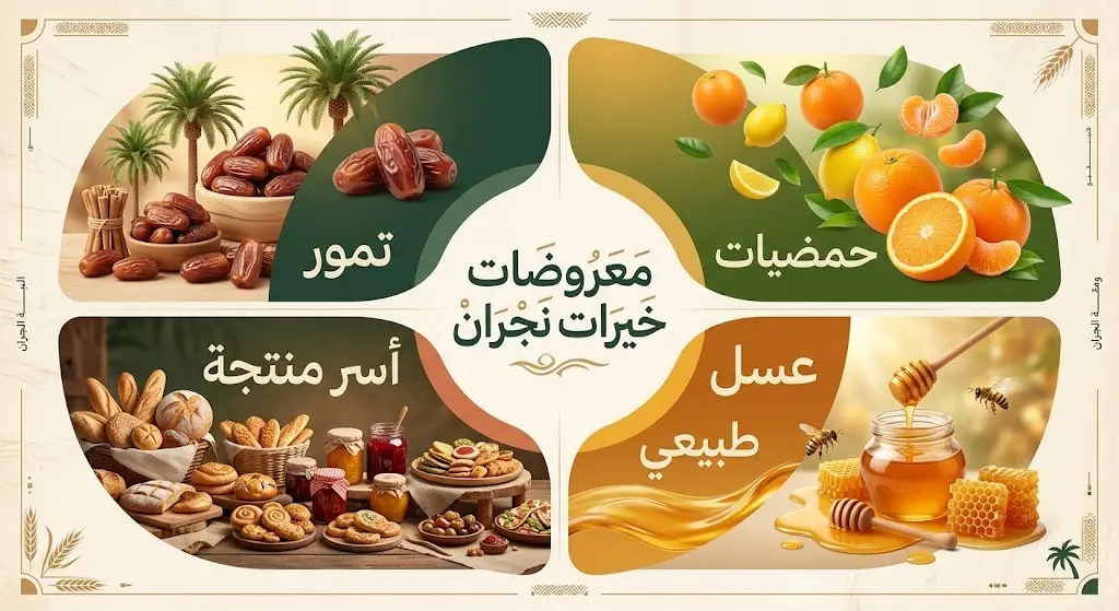 إنفوجرافيك يوضح أنواع المعروضات الزراعية في مهرجان خيرات نجران كالتمور والحمضيات والعسل.