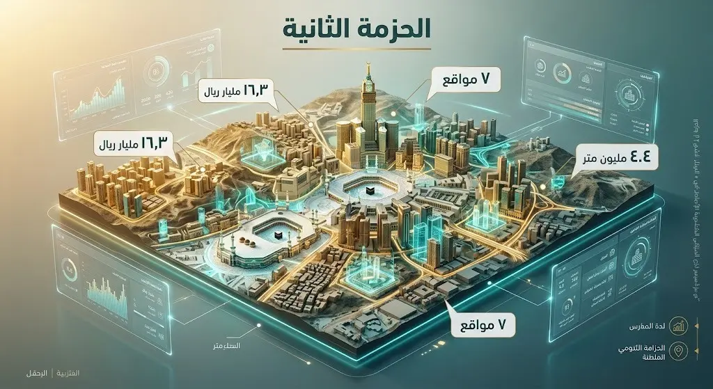 إنفوجرافيك ثلاثي الأبعاد يستعرض تفاصيل الحزمة الثانية لبرنامج الأحياء المطورة في مكة المكرمة متضمناً حجم الاستثمارات والمساحة المستهدفة والمواقع.