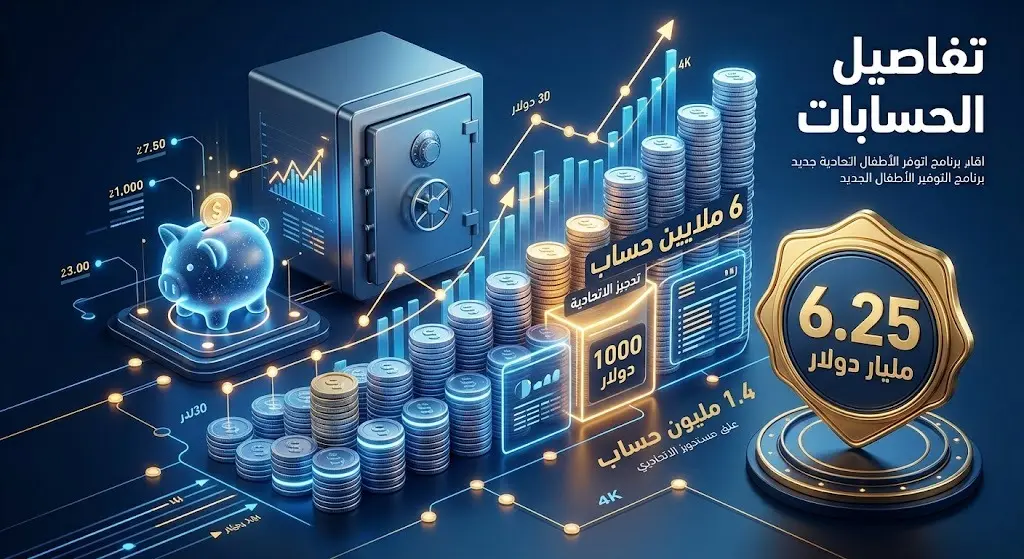 إنفوجرافيك يوضح إحصائيات برنامج حسابات الأطفال، مبرزاً فتح 6 ملايين حساب، والمساهمات الفيدرالية بقيمة 1000 دولار، وحجم التبرعات الداعمة بتصميم مالي عصري.