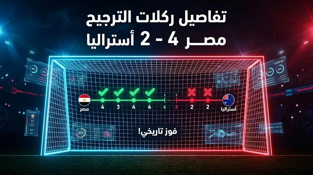 تصميم معلوماتي يبرز تفوق المنتخب المصري في ركلات الترجيح بنتيجة 4-2 وتأهله التاريخي.