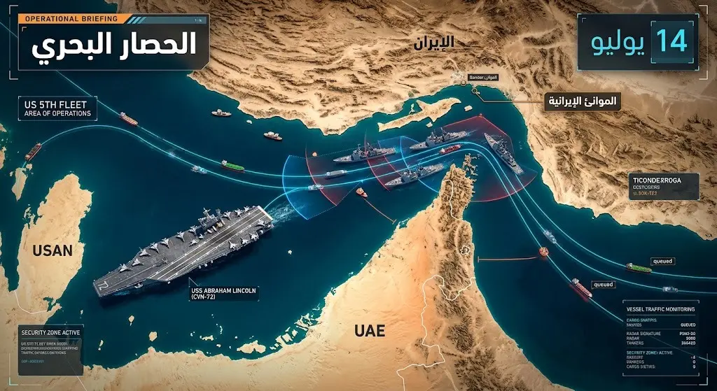 إنفوجرافيك وخريطة توضيحية تبين تمركز القوات البحرية الأمريكية لتنفيذ الحصار على الموانئ الإيرانية في مضيق هرمز.