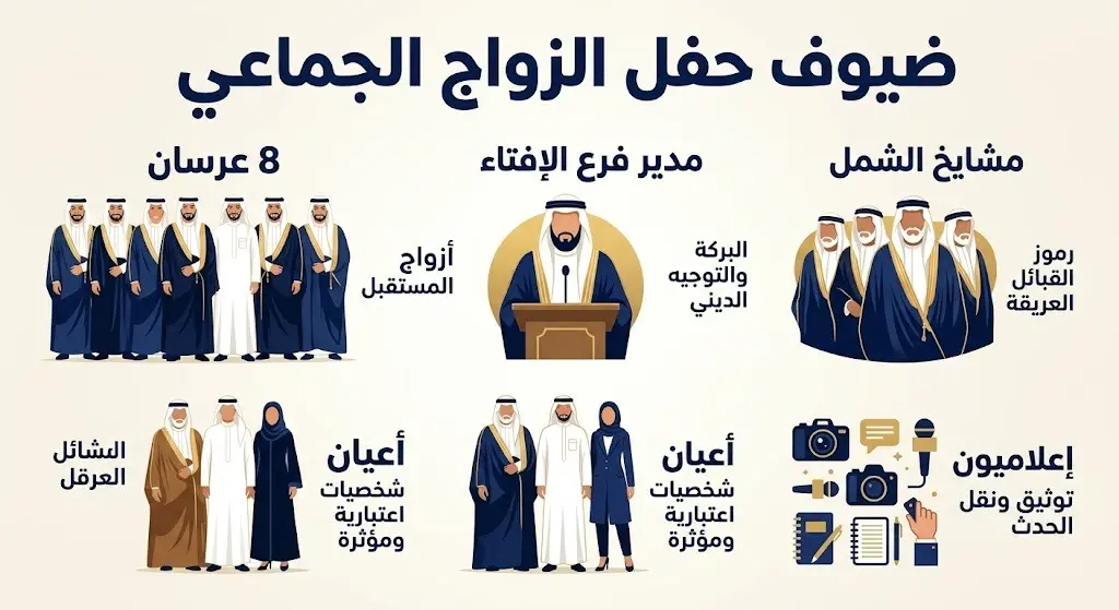تصميم إنفوجرافيك احترافي يوضح فئات المشاركين وضيوف الشرف في حفل الزواج الجماعي لعائلة الحامظي بمحافظة صبيا.