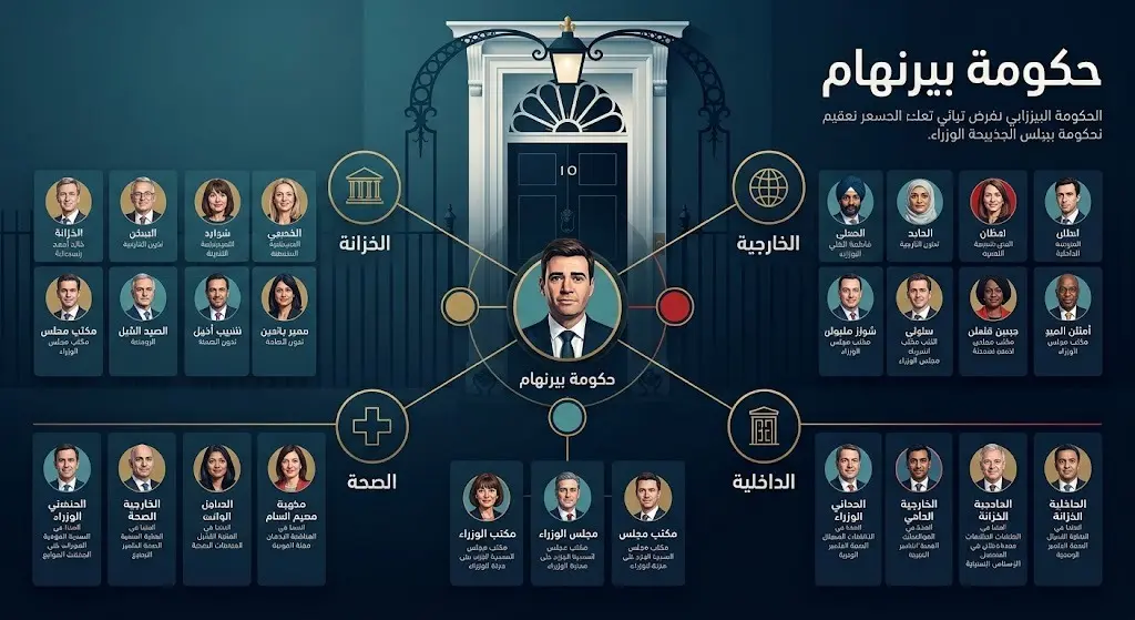 إنفوجرافيك يستعرض التشكيلة الوزارية الجديدة لحكومة آندي بيرنهام مع التوزيع الجديد للحقائب الرئيسية كالخزانة والخارجية والصحة.