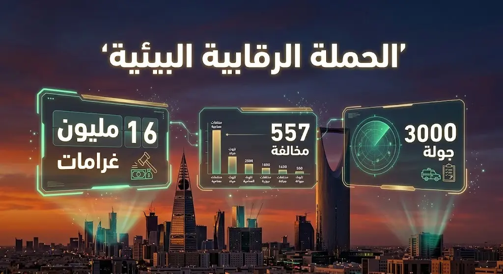 إنفوجرافيك يستعرض إحصائيات الحملة الرقابية البيئية في الرياض متضمناً حجم الغرامات وعدد المخالفات والجولات التفتيشية.