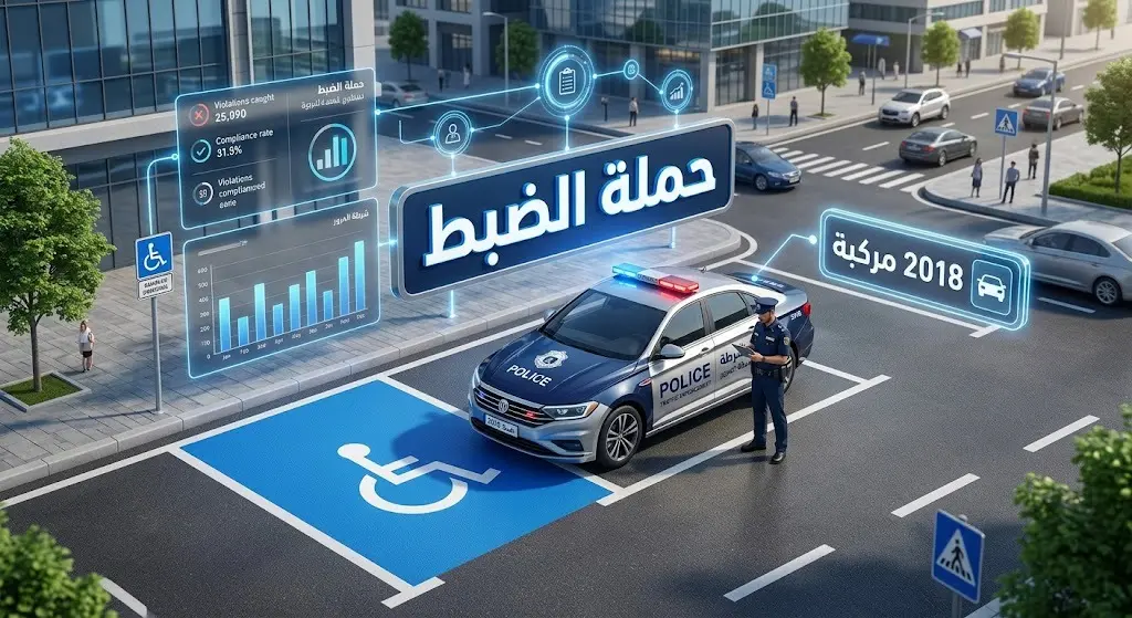 تصميم إنفوجرافيك يوضح تفاصيل حملة المرور الميدانية لضبط المركبات المخالفة في مواقف الأشخاص ذوي الإعاقة، مبرزاً رقم 2018 مركبة