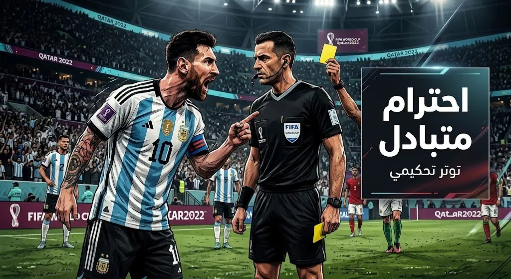 صورة تعبيرية تظهر التوتر بين قائد منتخب الأرجنتين وحكم المباراة وتصاعد الجدل
