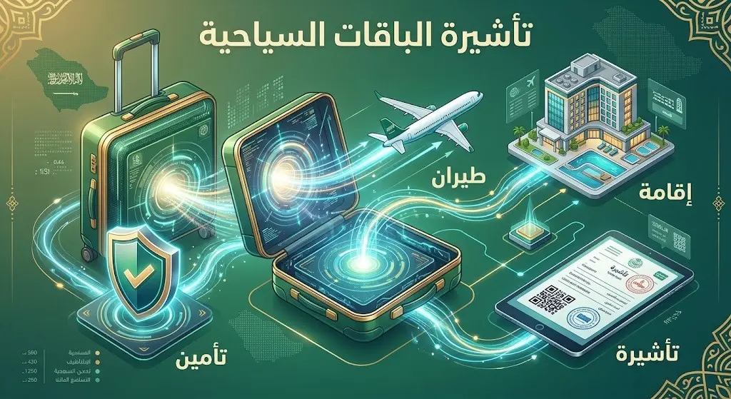 إنفوجرافيك يوضح مكونات تأشيرة الباقات السياحية الجديدة في السعودية والتي تدمج الطيران والإقامة والتأمين والتأشيرة.