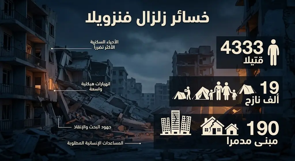 إنفوجرافيك يوضح الإحصائيات المفجعة للخسائر البشرية والمادية جراء زلزال فنزويلا، مستعرضاً أعداد الوفيات والنازحين وحجم الدمار.