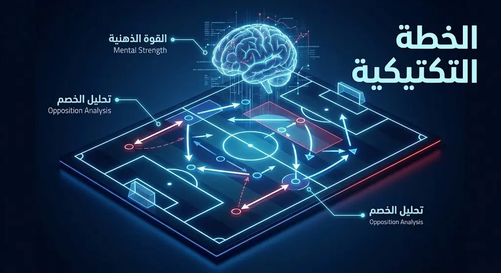 رسم توضيحي لتكتيكات ملعب كرة قدم رقمي يبرز خطة إنجلترا واعتمادها على القوة الذهنية وتحليل الخصم أمام الأرجنتين.