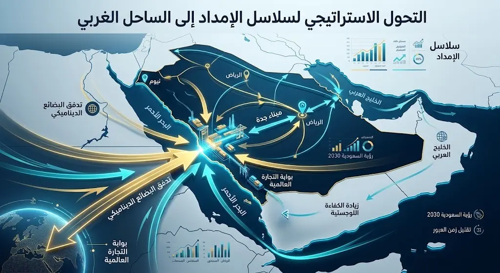 خريطة إنفوجرافيك توضح تحول سلاسل الإمداد والعمليات التجارية من الساحل الشرقي إلى ميناء جدة الإسلامي على الساحل الغربي للمملكة.