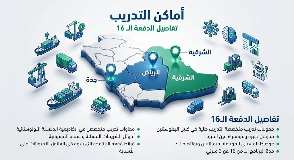 إنفوجرافيك يوضح أماكن التدريب في الرياض وجدة والمنطقة الشرقية وتخصصات الدفعة 16 للأكاديمية السعودية اللوجستية.
