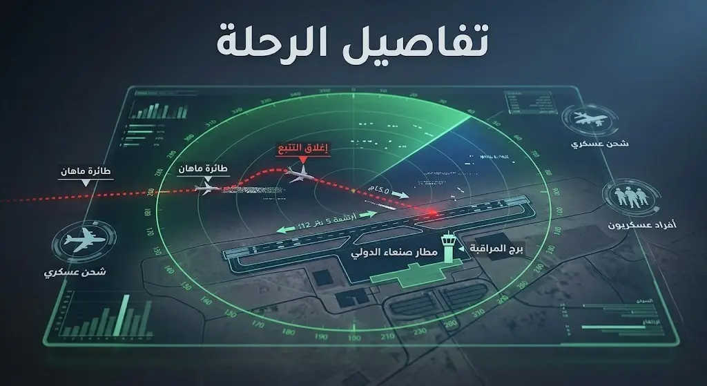 تصميم إنفوجرافيك يوضح مسار الرحلة غير المصرح بها وهبوطها في مطار صنعاء وسط تعتيم متعمد لإشارات التتبع.