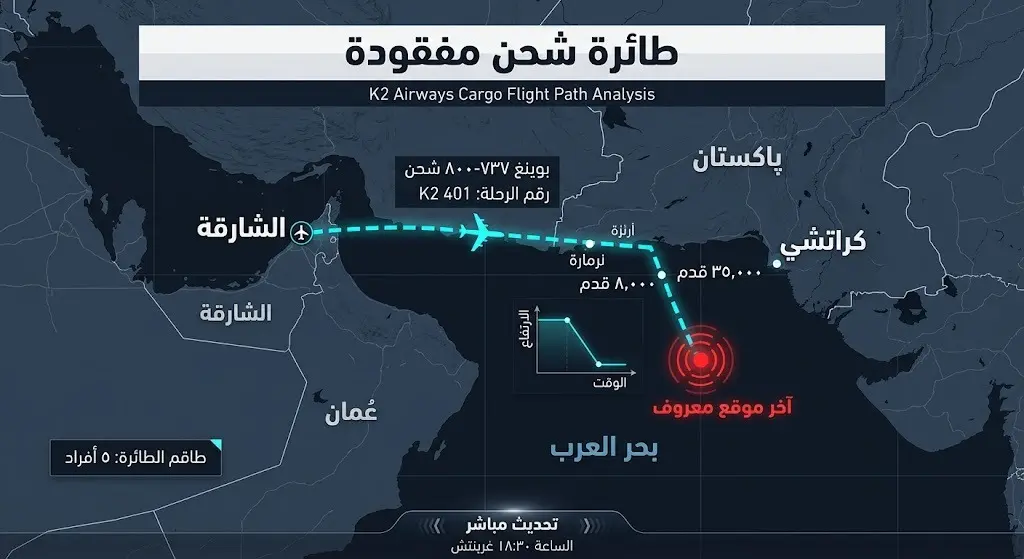 إنفوجرافيك إخباري يوضح مسار طائرة الشحن الباكستانية المفقودة من الشارقة إلى كراتشي والانحدار المفاجئ قبل فقدان الاتصال فوق بحر العرب.