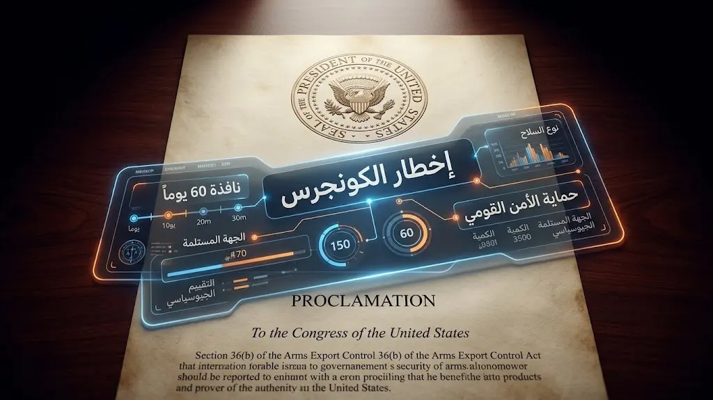 تصميم تعبيري للرسالة الرئاسية الموجهة للكونجرس مع إبراز نافذة الستين يوماً للعمليات العسكرية