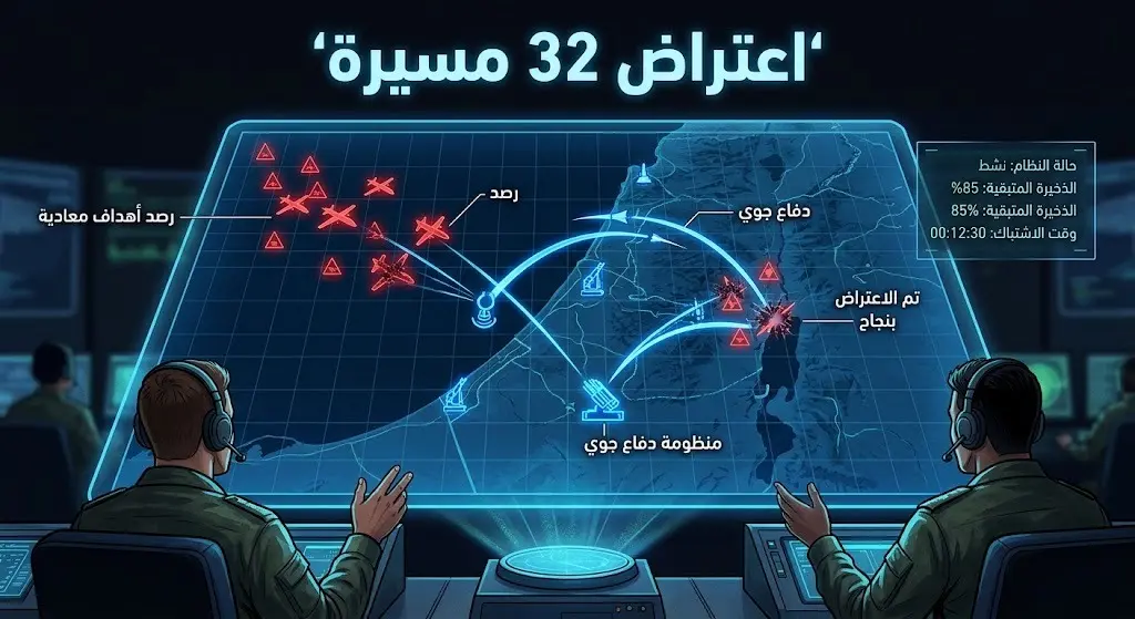 شاشة رادار عسكرية متطورة تظهر تفاصيل عملية رصد واعتراض 32 طائرة مسيرة معادية في الأجواء.