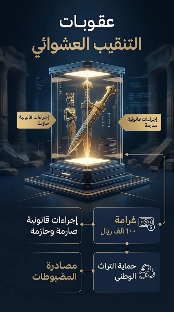 إنفوجرافيك يوضح عقوبات التنقيب العشوائي عن الآثار والتي تشمل غرامات مالية تصل إلى 100 ألف ريال ومصادرة المضبوطات.