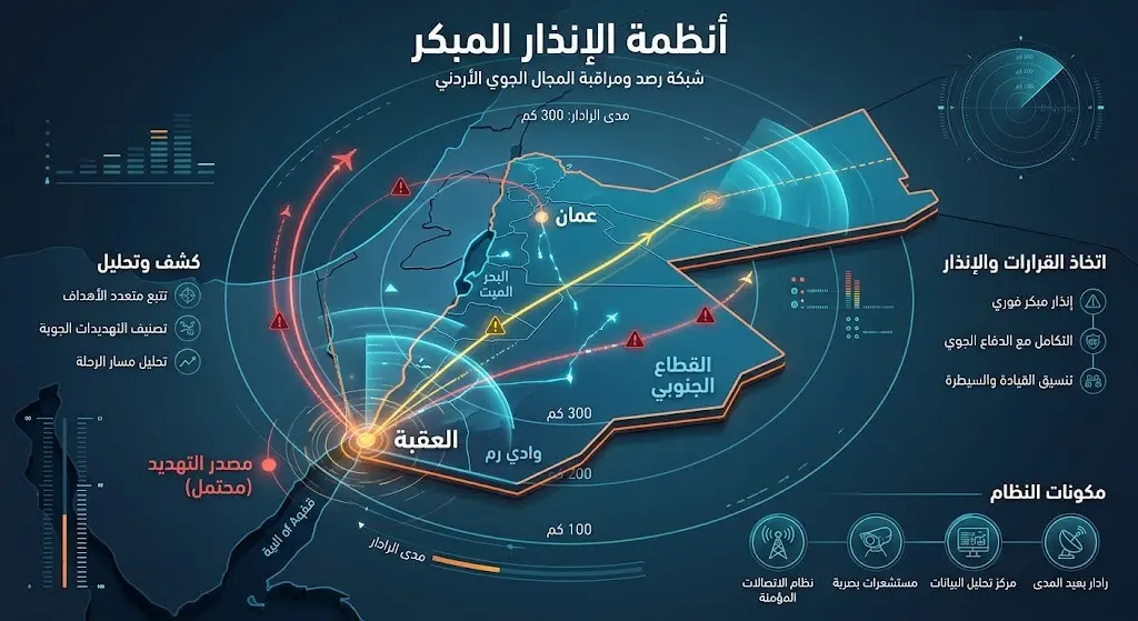 إنفوجرافيك بصري يوضح أنظمة الرصد الراداري المتقدمة وتفعيل الإنذار المبكر في سماء مدينة العقبة.