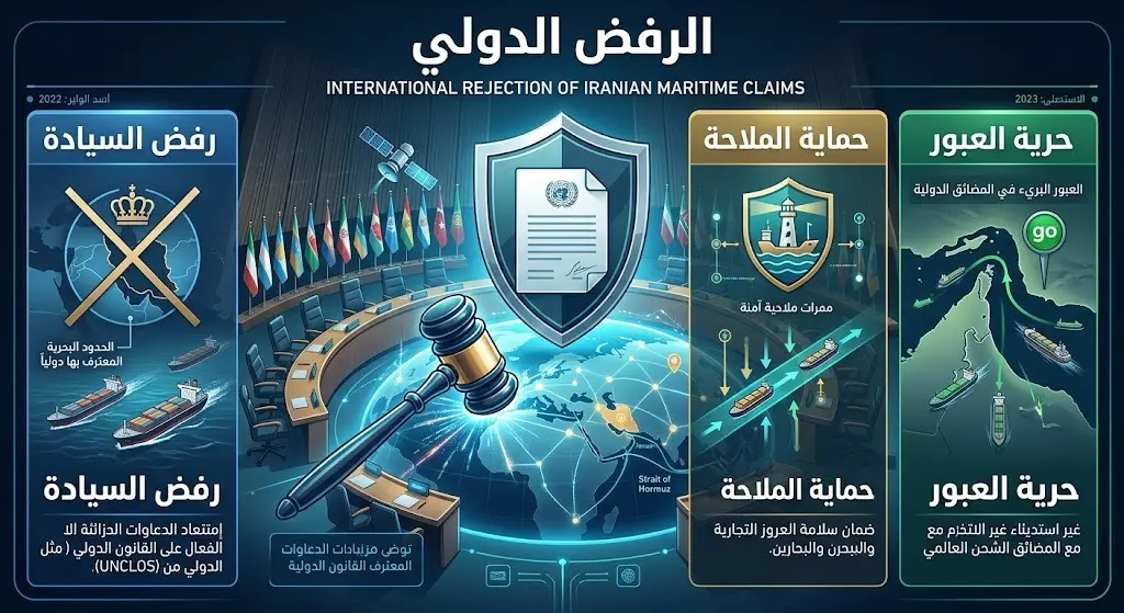 إنفوجرافيك يسلط الضوء على بنود قرار المنظمة البحرية الدولية برفض مطالبات إيران بالسيادة والتحكم في مضيق هرمز.